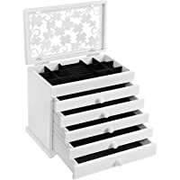SONGMICS Caja joyero de Madera- con Tapa Tallada- Organizador para Bisuterías- Joyas con 5 cajones- Blanco JBC55W